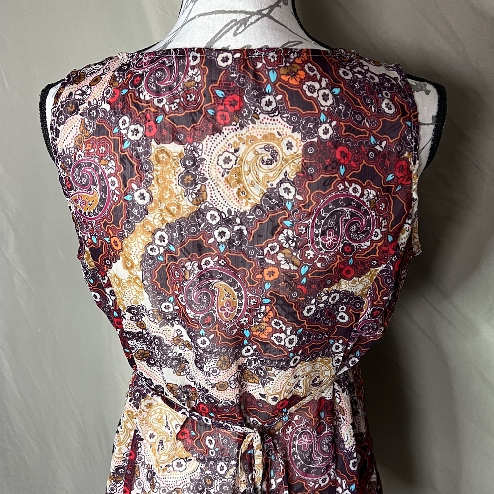 Sheer floral paisley print baby doll sleeveless top ties in back Large boho - Picture 5 of 10